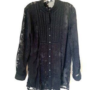 COLDWATER TUNIC Blk Sheer Embroidered Heavily Crafted Bib Front Tunic Top Sz M